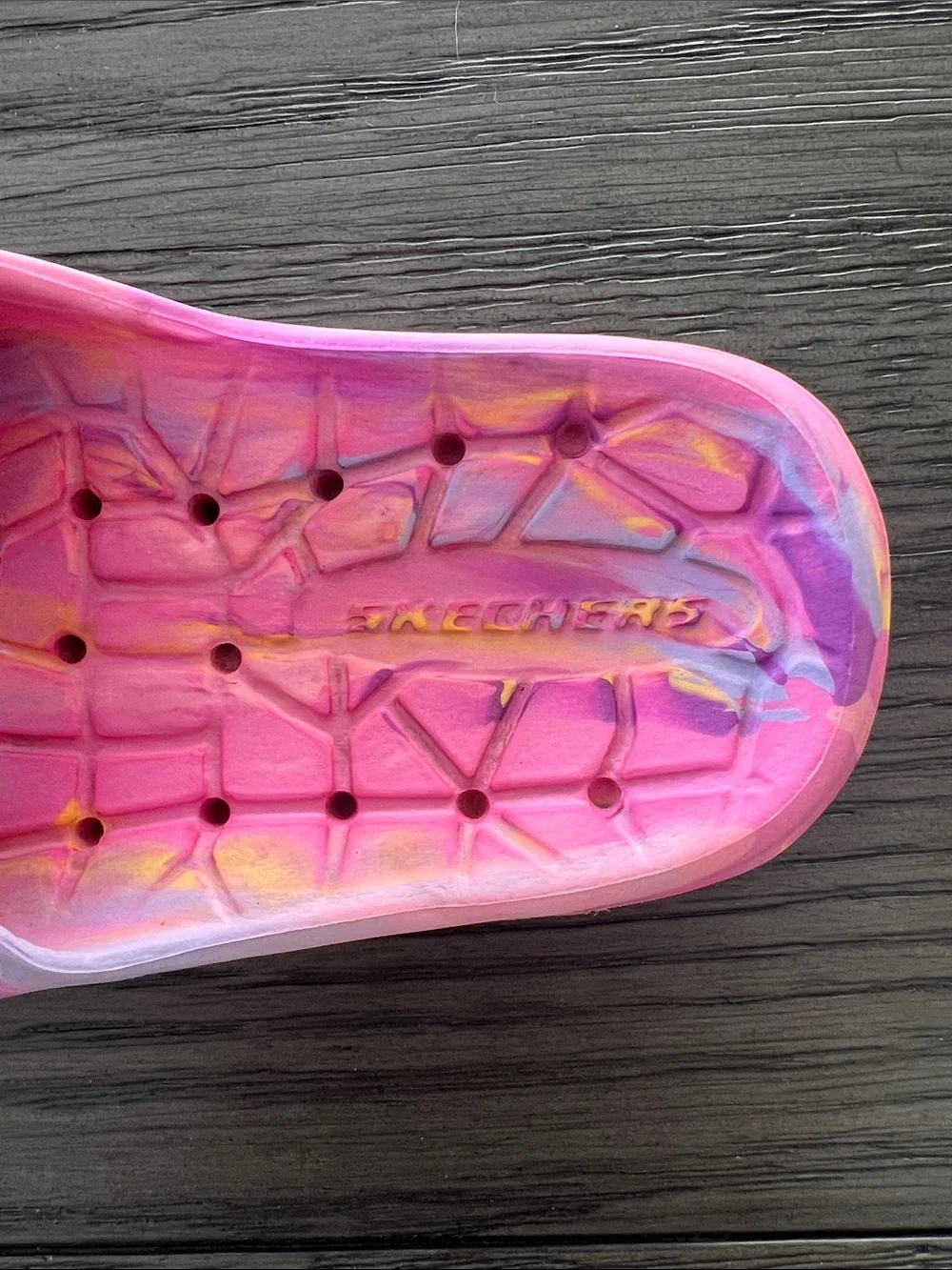 Skechers Kids Pink Tie-Dye Slide Sandals with Yellow & Purple Swirls